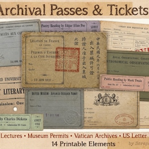 Könnte beinhalten: Eine Sammlung von 14 Archivpässen und Eintrittskarten im Vintage-Stil mit verschiedenen historischen Dokumenten, darunter eine Genehmigung für die Katakomben, ein Pass für die Verbotene Stadt, eine Observatoriumsgenehmigung und literarische Tickets.