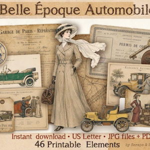 以下が含まれることがあります： Belle Époque Automobilesと題された46種類の印刷可能なデジタル素材集。20世紀初頭の自動車、ロングコートと帽子を身につけた女性、フランス語の書類、荷物、鍵のヴィンテージ風イラストがコラージュ形式で配置されています。