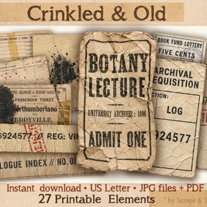 May include: A collection of vintage-style paper ephemera featuring crinkled textures and aged beige tones. The set includes various printed documents such as a Botany Lecture ticket, a book fund lottery slip, and archival logs with black text.