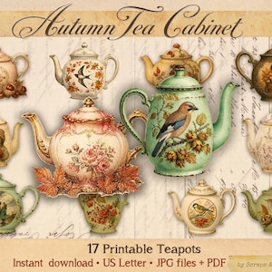Könnte beinhalten: Eine Sammlung von 17 druckbaren Teekannen mit dem Titel Autumn Tea Cabinet. Das Bild zeigt verschiedene Keramik-Teekannen, die mit herbstlichen Motiven wie Vögeln, Blumen, Blättern und Kindern verziert sind, vor einem Hintergrund mit alter Schrift.