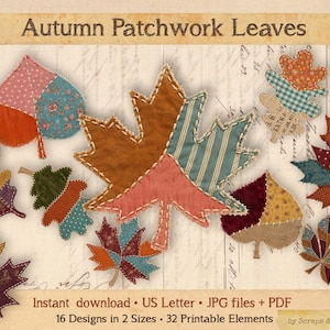 May include: A collection of digital patchwork leaf designs titled Autumn Patchwork Leaves. The image features various fabric-textured maple and oak leaf shapes in colors like orange, teal, brown, and red, with visible white stitching details.