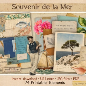 Könnte beinhalten: Ein digitales Collage-Set mit dem Titel Souvenir de la Mer, das druckbare Elemente im Vintage-Stil enthält, darunter einen Mann in Weste, ein Segelboot, ein Küstenfoto, handgeschriebene Briefe, Muscheln, Zitronenzweige und florale Illustrationen in gedeckten Farben.