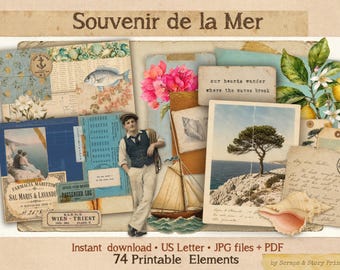 May include: A digital collage kit titled Souvenir de la Mer featuring vintage-style printable elements including a man in a vest, a sailboat, a coastal photograph, handwritten letters, seashells, lemon branches, and floral illustrations in muted tones.