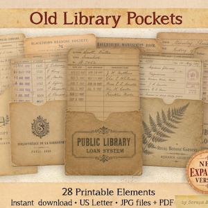 Könnte beinhalten: Eine Sammlung von Bibliothekskartenhüllen und Ausleihkarten im Vintage-Stil mit gealterten beigen Texturen, gedrucktem Text wie Old Library Pockets, Public Library Loan System sowie botanischen Illustrationen und historischen Beschriftungen.