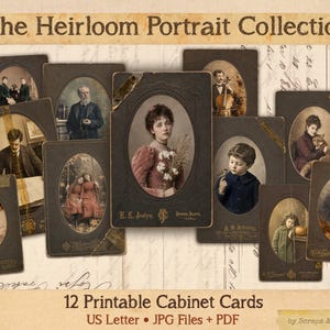 以下が含まれることがあります： The Heirloom Portrait Collectionと題された12枚の印刷可能なキャビネットカードのコレクション。暗いフレームに入った人物やグループのヴィンテージ風の楕円形の写真が、筆記体の文字が書かれた背景に配置されています。