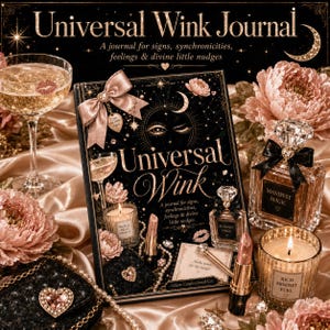 Puede incluir: Imagen de naturaleza muerta con un diario titulado "Universal Wink" con letras doradas y un diseño celestial. La imagen incluye frascos de perfume, lápiz labial, velas y una copa de champán, todo sobre una superficie de satén con detalles florales.