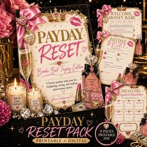Może przedstawiać: Zestaw do druku Payday Reset ze złotym i różowym tekstem na kremowym tle, z ilustracjami butelek perfum, kieliszków do szampana, szminki i kokard. Tekst zawiera Payday Reset Broke But Trying Edition, Rich Girl Energy oraz Welcome Money Babe.