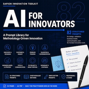 May include: A dark blue graphic with white text that reads "AI FOR INNOVATORS." The image promotes a prompt library for methodology-driven innovation, with icons and text describing its features, including 82 structured prompts and a responsible AI guide.