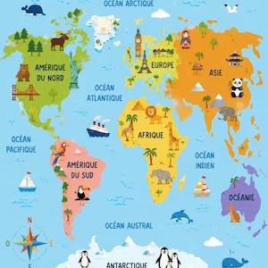May include: A vibrant world map featuring illustrations of animals, landmarks, and ships. The map includes the text "CARTE DU MONDE" and "D&Eacute;COUVRIR LE MONDE, C'EST GRANDIR!" in French. Continents are labelled in French, with oceans and a compass rose.