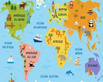Carte du Monde pour Enfant à Imprimer • Planisphère Éducatif Illustré • Décoration Chambre Enfant • Téléchargement Numérique Poster PDF