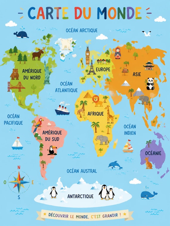 Carte du Monde pour Enfant à Imprimer • Planisphère Éducatif Illustré • Décoration Chambre Enfant • Téléchargement Numérique Poster PDF
