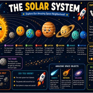 May include: An educational poster titled The Solar System featuring cartoon illustrations of the Sun, eight planets, the Moon, and space objects. It includes text descriptions for each planet, the asteroid belt, comets, meteors, and galaxies.