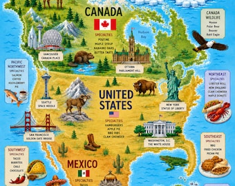 Illustrated North America Map Printable, Cute Kids Room Wall Decor, Educational Poster, Canada US Mexico Map, Nursery Decor Digital Download