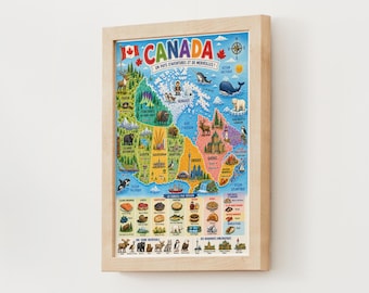 Carte du Canada Illustrée pour Enfant | Poster Canada Numérique | Décoration Chambre Enfant | Planisphère Canada Imprimable | Jeu Éducatif