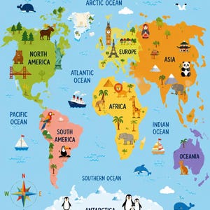 Può includere: Un poster della mappa del mondo su sfondo azzurro con continenti di colori distinti, oceani etichettati e illustrazioni di animali e monumenti. Il testo recita WORLD MAP in alto e DISCOVER THE WORLD, IT'S AMAZING! nella parte inferiore.