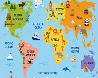 Printable World Map for Kids • Educational Illustrated Kids Map Poster • Playroom & Nursery Wall Art • Instant Digital Download PDF