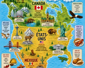 Carte Amérique du Nord Illustrée pour Enfant, Poster Éducatif Canada États-Unis Mexique, Déco Chambre Bébé, Art Mural Numérique à Imprimer