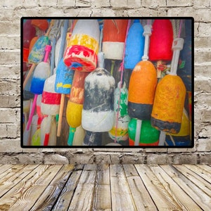 Maine Coastal Charm: Lobster Buoys & Lighthouse Photography - Colorful New England Print