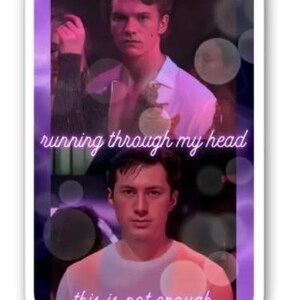 May include: A sticker with a purple and white gradient background featuring two men and text. The text reads "all the things she said", "running through my head", and "this is not enough". The sticker has a white border.