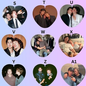 May include: A collage of nine heart-shaped frames labeled S through A1, each containing a different photograph of two individuals in various settings, including formal attire, casual clothing, and intimate poses, set against a light purple and pink gradient background.