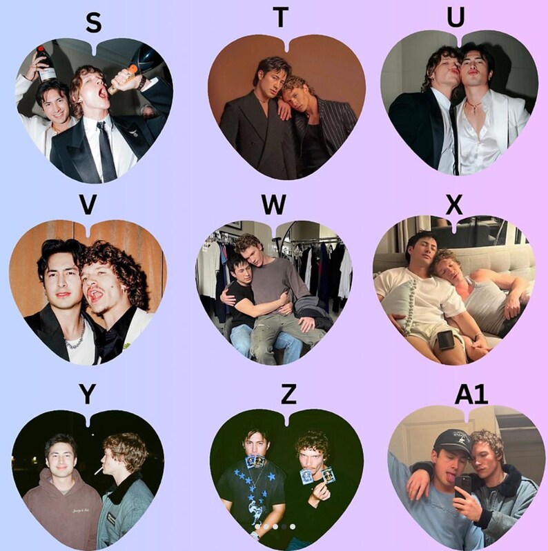 May include: A collage of nine heart-shaped frames labeled S through A1, each containing a different photograph of two individuals in various settings, including formal attire, casual clothing, and intimate poses, set against a light purple and pink gradient background.