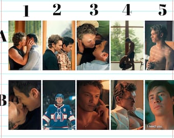 May include: A grid of ten photographic stills featuring two men in various intimate and dramatic scenes, including a hockey player in a blue jersey and a final frame with the text I need you, capturing emotional moments and close-up portraits.