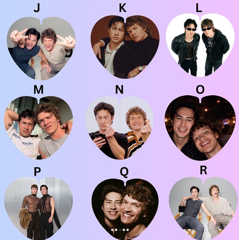 May include: A collection of nine heart-shaped photo frames labeled J through R, each displaying a different image of two individuals in various poses, outfits, and settings, including casual wear, formal attire, and sunglasses, arranged on a gradient background.