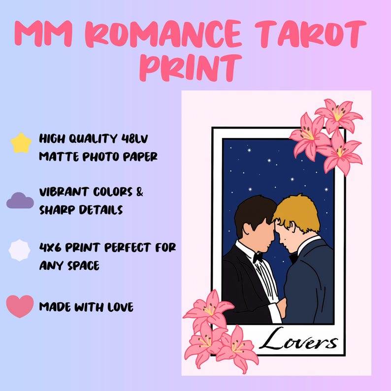 May include: A print with the text "MM Romance Tarot Print" featuring an illustration of two figures in formal wear, facing each other. The print includes pink lilies and the word "Lovers". The text also says "High Quality 48LV Matte Photo Paper".