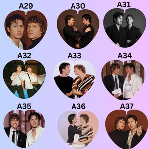 May include: A collection of nine heart-shaped photo prints labeled A29 through A37, each featuring two individuals in various poses and outfits, including formal suits, casual shirts, and striped tops, displayed against a light blue to pink gradient background.