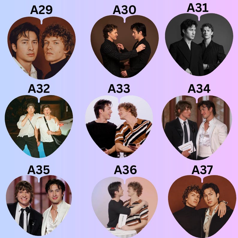 May include: A collection of nine heart-shaped photo prints labeled A29 through A37, each featuring two individuals in various poses and outfits, including formal suits, casual shirts, and striped tops, displayed against a light blue to pink gradient background.