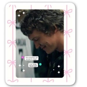 May include: A framed image of a person with curly hair, smiling. Text bubbles read: "How many times can you burn in a hour?" and "I can't know. Maybe twice?" Pink bows and star graphics decorate the border.