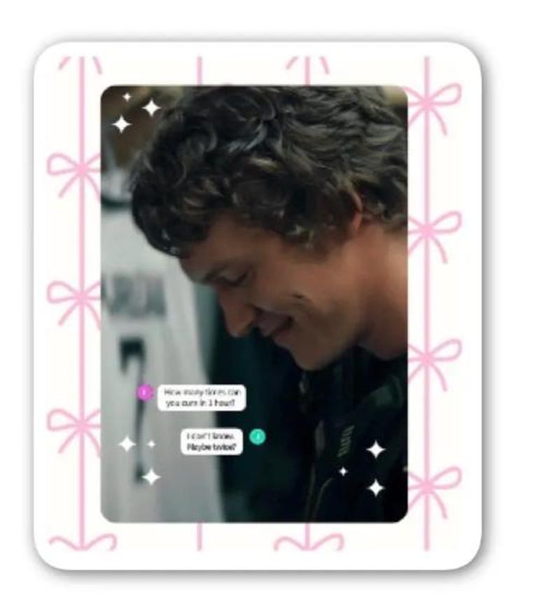 May include: A framed image of a person with curly hair, smiling. Text bubbles read: "How many times can you burn in a hour?" and "I can't know. Maybe twice?" Pink bows and star graphics decorate the border.