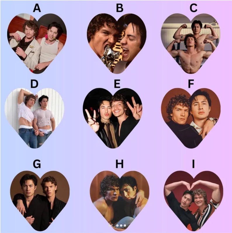 May include: A collection of nine heart-shaped stickers labeled A through I, each featuring different photographic portraits of two individuals. The images show various poses, including casual attire, shirtless shots, and expressive gestures, arranged in a grid.