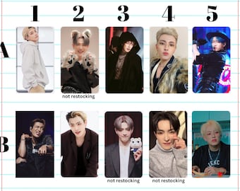 May include: A collection of nine rectangular photo cards featuring various individuals. The cards are arranged in a grid, with each card displaying a different person in various outfits and poses. Some cards have the text "not restocking".