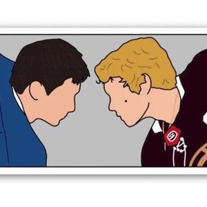 May include: A sticker with a cartoon illustration of two people facing each other. One is wearing a blue jacket with the name "HOLLANDER" on the back, and the other is wearing a black jersey. The background is grey.