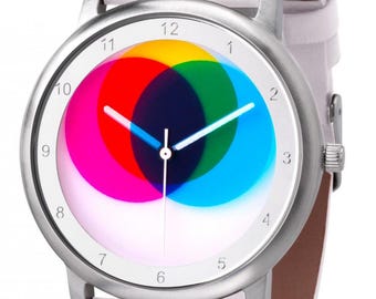 Avantgardia CMYK - Unisex artist's wristwatch with CMYK color theory - with stainless steel case, 5 bar water resistant, with white leather strap