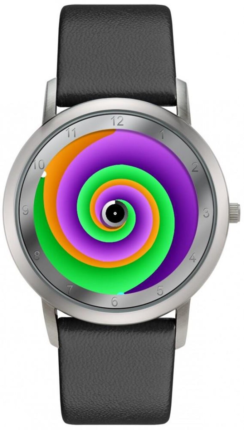 May include: Silver wristwatch with a black leather band. The watch face features a colorful spiral design in shades of purple, green, orange, and white. The watch has a silver bezel and a black leather strap.