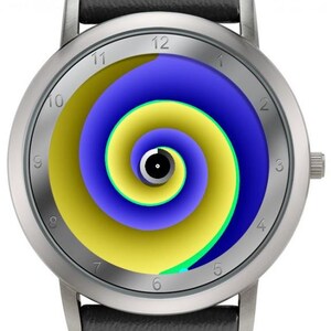 May include: A silver wristwatch with a black leather band. The watch face features a spiral design in yellow, blue, and green. The watch has a silver bezel and a black leather strap.