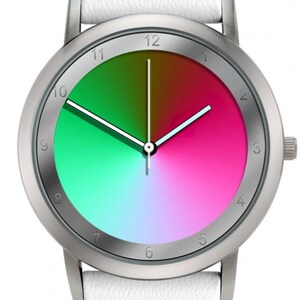 May include: A silver wristwatch with a white leather band. The watch face features a gradient of green, pink, and brown. The watch has silver hands and hour markers. The watch is a stylish accessory.