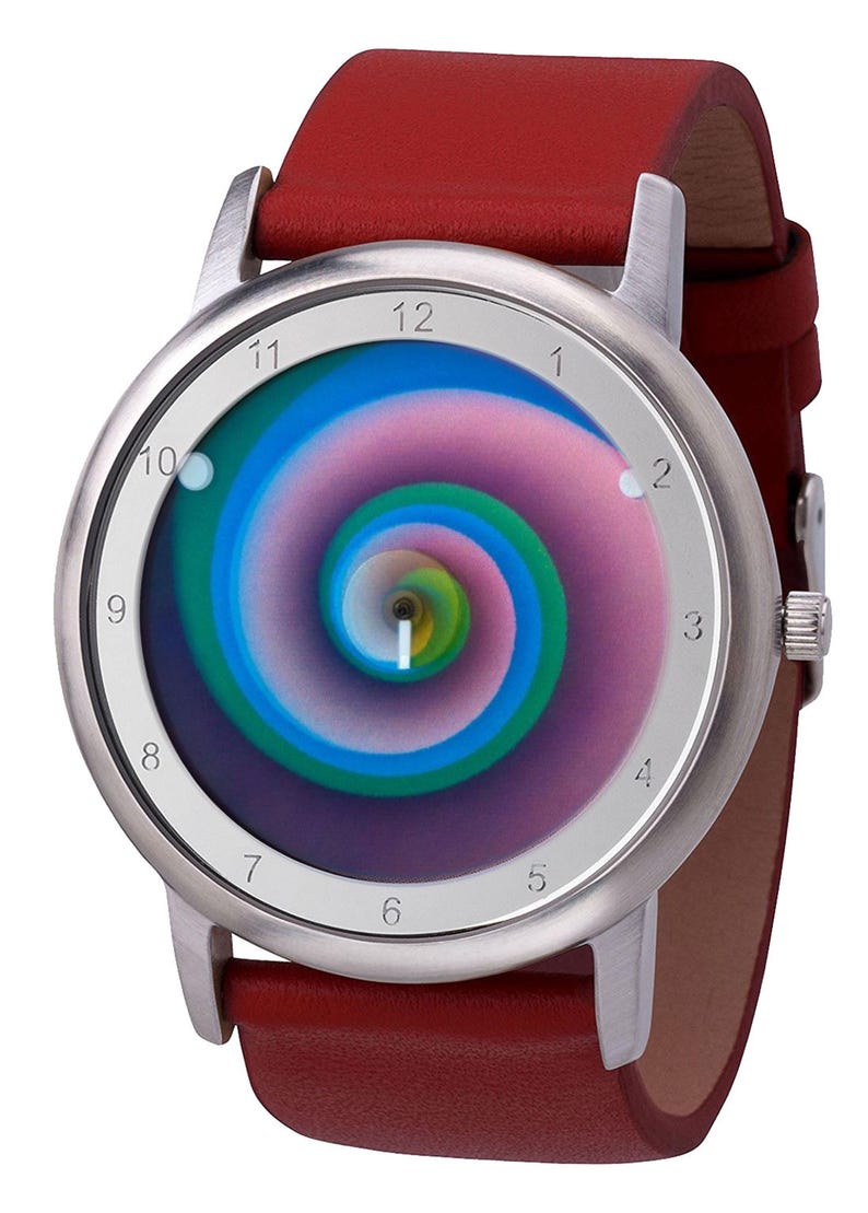 May include: A wristwatch with a silver-colored case and a red leather band. The watch face features a colorful spiral design in shades of blue, green, and pink. The watch has a classic analog display with numbers.