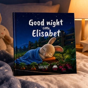 May include: A hardcover children's book titled Good night Little Elisabet featuring a sleeping rabbit wrapped in a blue blanket in a vegetable garden at night. The cover displays the text Good night Little Elisabet and A Farm Animal Bedtime Story.