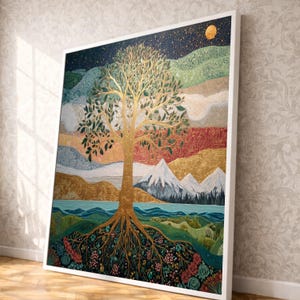 Golden Tree of Life Canvas, Mountain Landscape Wall Art, Night Sky Nature Painting, Floral Root Design, Home Decor Canvas