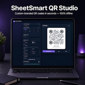 May include: A laptop screen displaying the SheetSmart QR Studio software interface. The dark-themed application shows options for creating custom QR codes, including template selection, content input, styling settings, and a preview of a generated QR code.