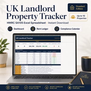 May include: A digital UK Landlord Property Tracker spreadsheet displayed on a laptop screen. The interface features a dashboard, rent ledger, and compliance calendar for up to 10 properties, designed for HMRC SA105 tax reporting and financial management.
