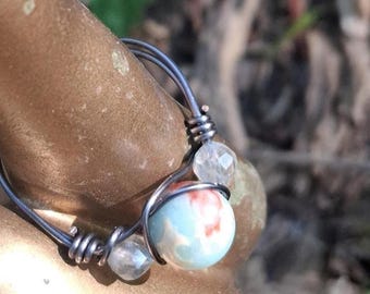 Wire-Wrapped Copper Ring: Impression Jasper & Labradorite Accents
