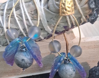 Iridescent Blue-Violet Fairy Wing Hoop Earrings with Speckled Stone Drop