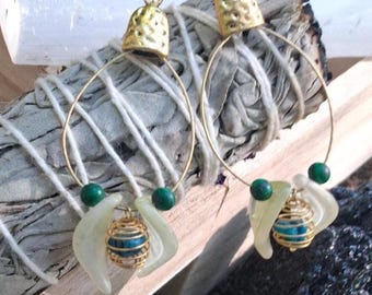 Hoop Fairy Wing  Earrings With Malachite & Turquoise Beads