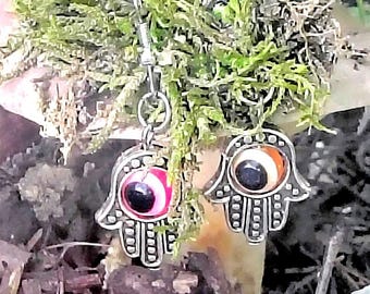 Mismatched Hamsa Hand Evil Eye Earrings – Pink Amber Dangle Protection Jewelry