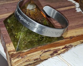 Engraved Cuff, Perspective Changes Everything Quote with Smile-Frown Design