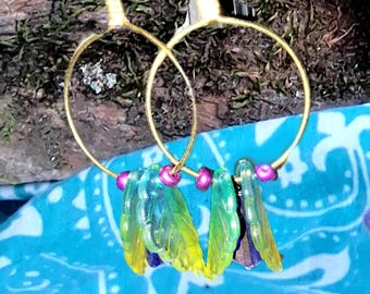 Fairy Wing Earrings, Iridescent Translucent Hoops with Magenta Beads